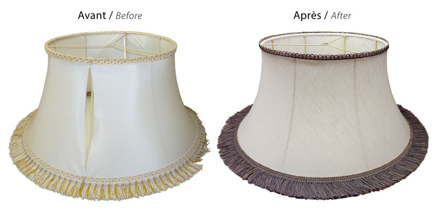 Custom-made softback lampshade before and after transformation with the original wire fitter frame.