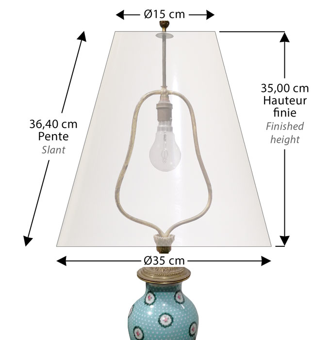 Measurements made for a custom-made lampshade for an antique lamp with a one bulb harp mounting.