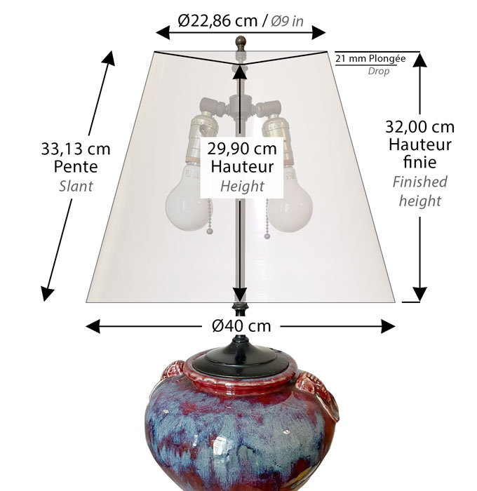 Measurements taken in the making of a custom-made lampshade for a two bulb lamp requiring a spider fitter top.